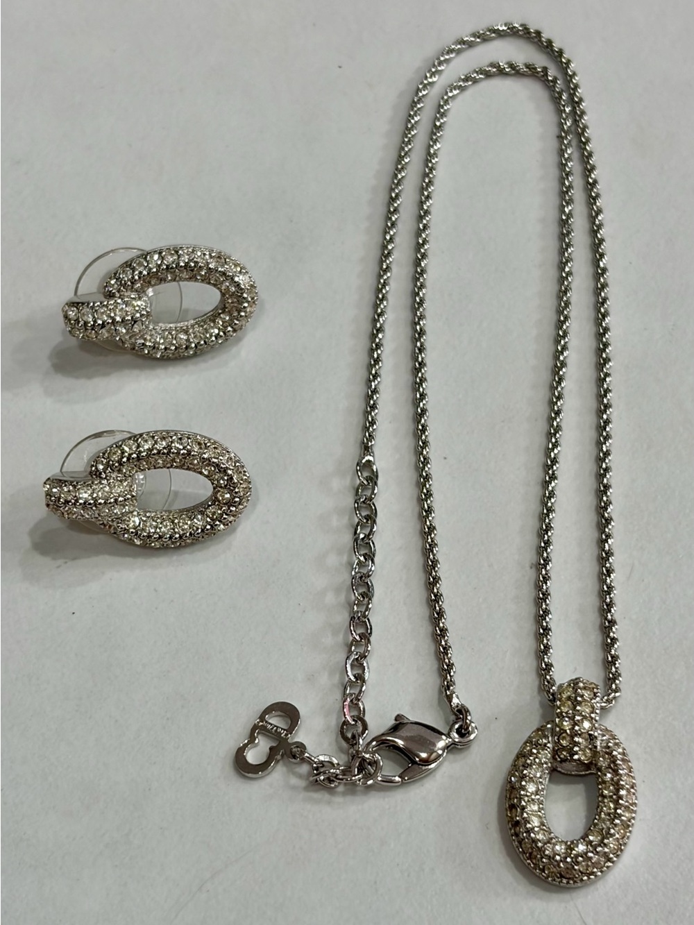 Christian Dior Vintage Crystal Pavé Oval Pendant Necklace and Earrings Set